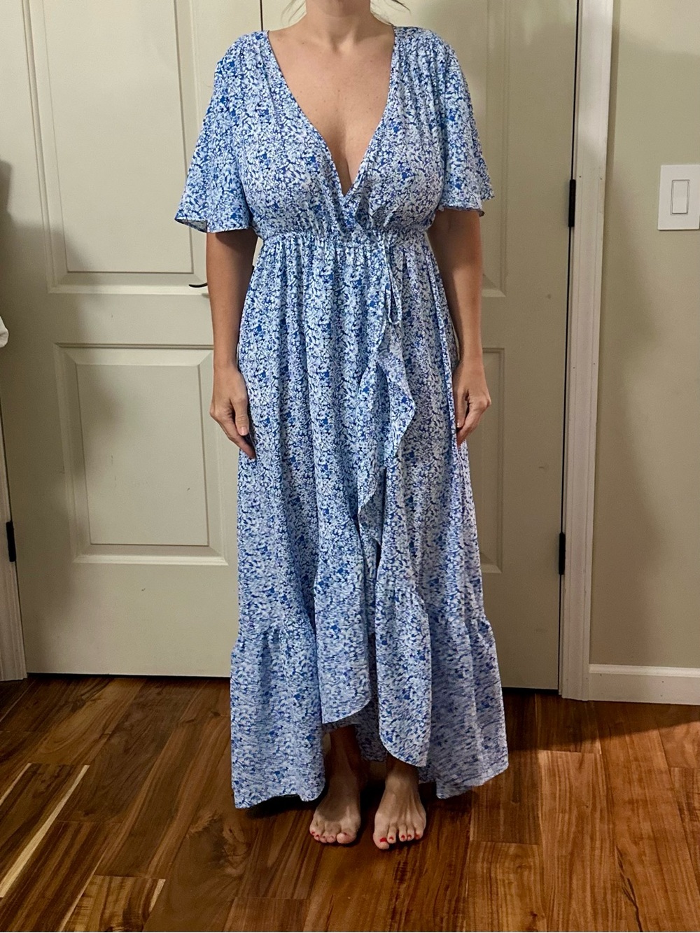Flowy Blue Floral Maxi Dress with Tie Waist